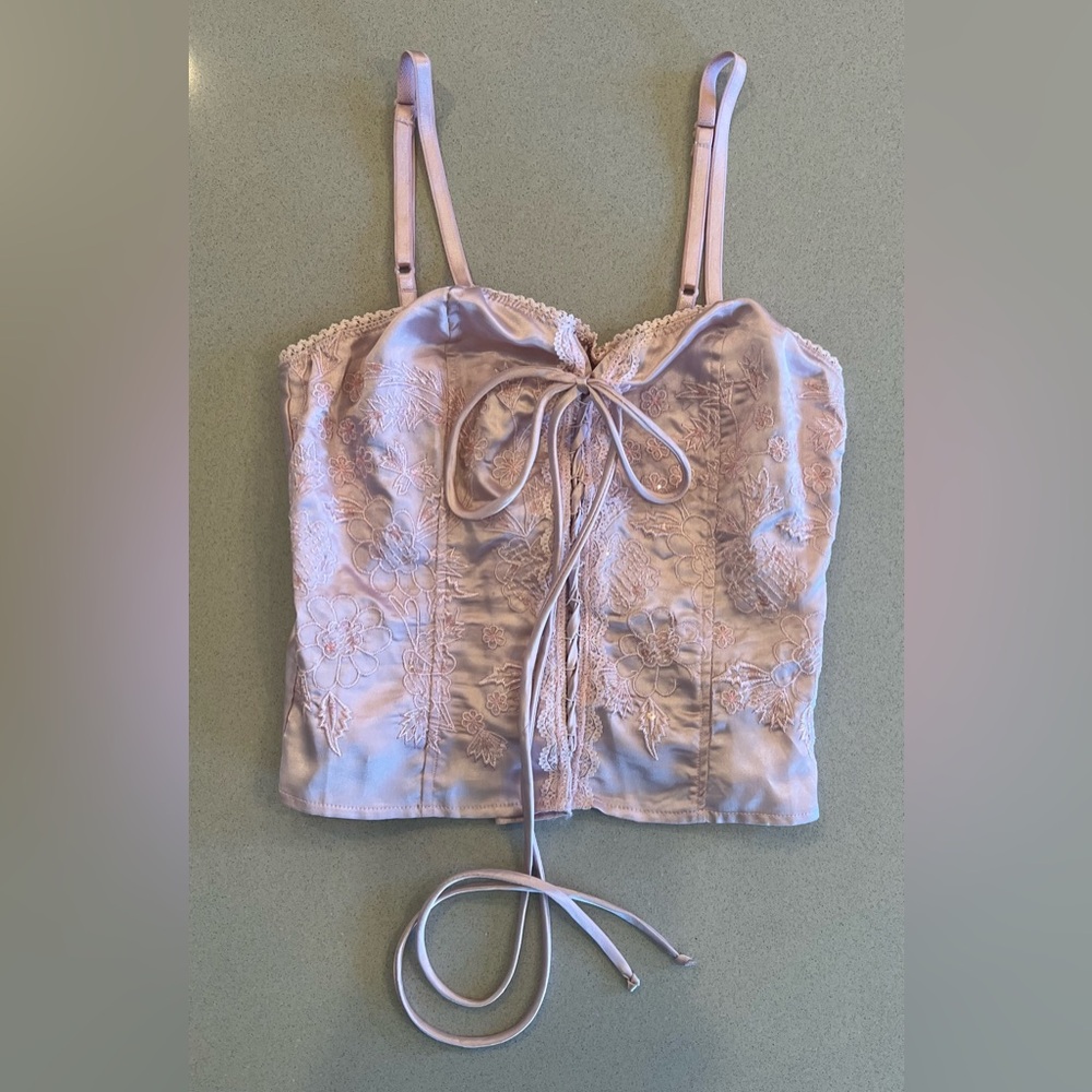 Fang Vintage Pink Lace-Up Camisole Top with side zipper & Adjustable straps SZ M - Picture 2 of 16
